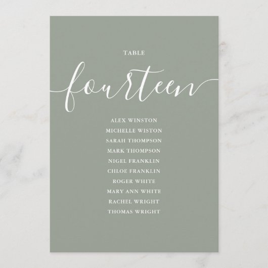 Sage Green Script Table Number 14 Seating Chart 招待状 (正面)