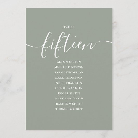 Sage Green Script Table Number 15 Seating Chart 招待状 (裏面)