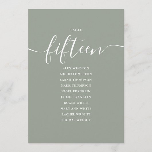 Sage Green Script Table Number 15 Seating Chart 招待状 (正面)
