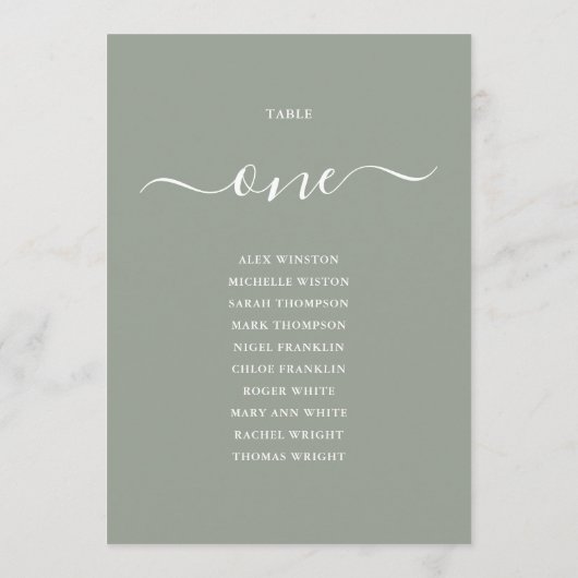 Sage Green Script Table Number 1 Seating Chart 招待状 (裏面)