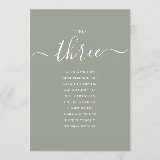 Sage Green Script Table Number 3 Seating Chart 招待状 (裏面)