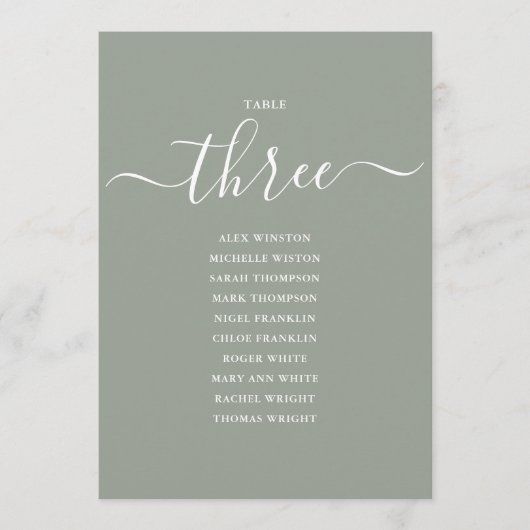 Sage Green Script Table Number 3 Seating Chart 招待状 (正面)