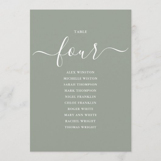 Sage Green Script Table Number 4 Seating Chart 招待状 (正面)