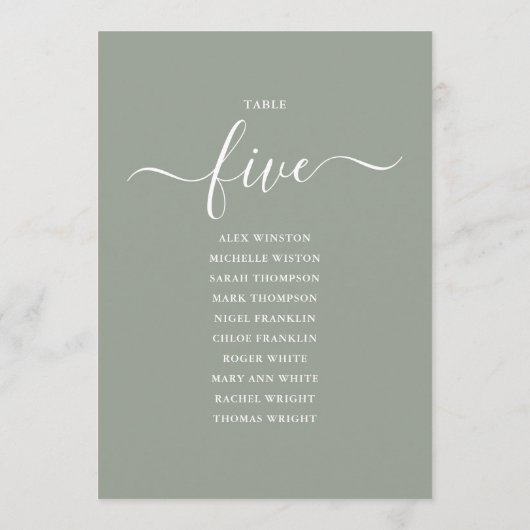 Sage Green Script Table Number 5 Seating Chart 招待状 (裏面)