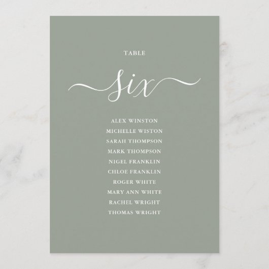 Sage Green Script Table Number 6 Seating Chart 招待状 (裏面)