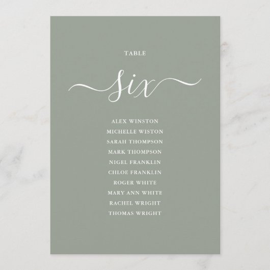 Sage Green Script Table Number 6 Seating Chart 招待状 (正面)