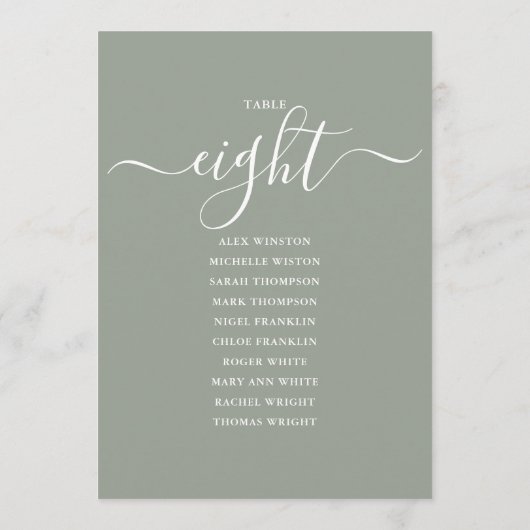 Sage Green Script Table Number 8 Seating Chart 招待状 (裏面)