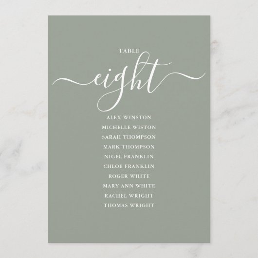 Sage Green Script Table Number 8 Seating Chart 招待状 (正面)