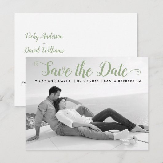 Sage green script wedding日付写真を保存 ポストカード (正面/裏面)