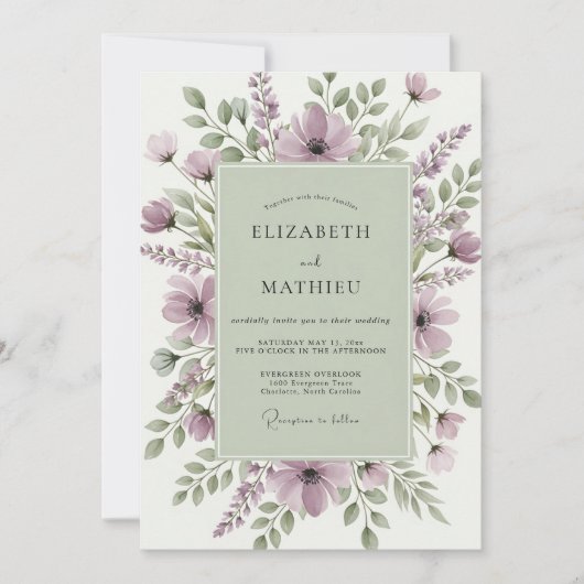Sage Green Serene Wildflower Wedding 招待状 (正面)