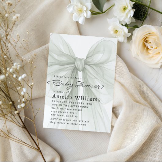Sage Green Sheer Bow Minimal Baby Shower 招待状