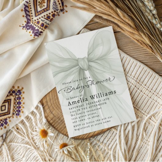 Sage Green Sheer Bow Minimal Baby Shower 招待状