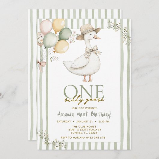  Sage Green Silly Goose 1st Birthday  招待状 (正面/裏面)