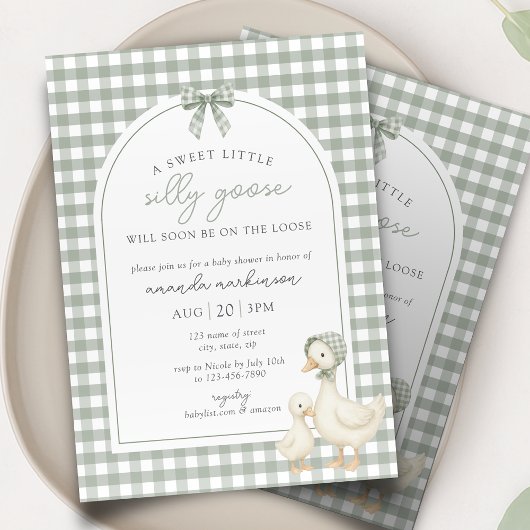 Sage Green Silly Goose Storybook Baby Shower 招待状