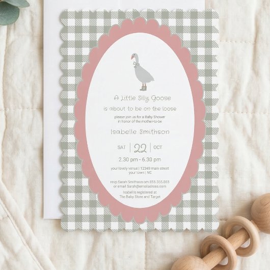 Sage Green Silly Little Goose Baby Shower QR Code  招待状