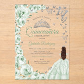 Sage Green Silver Floral Quinceanera アクリル招待状 (正面)