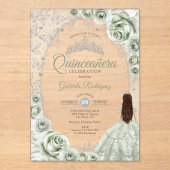 Sage Green Silver Floral Quinceanera アクリル招待状 (正面)