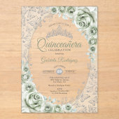 Sage Green Silver Floral Quinceanera アクリル招待状 (正面)