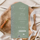 Sage Green Silver Glitter QR Code Wedding オールインワン招待状