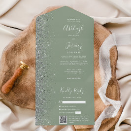 Sage Green Silver Glitter QR Code Wedding オールインワン招待状