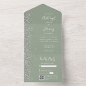 Sage Green Silver Glitter QR Code Wedding オールインワン招待状 (内側)