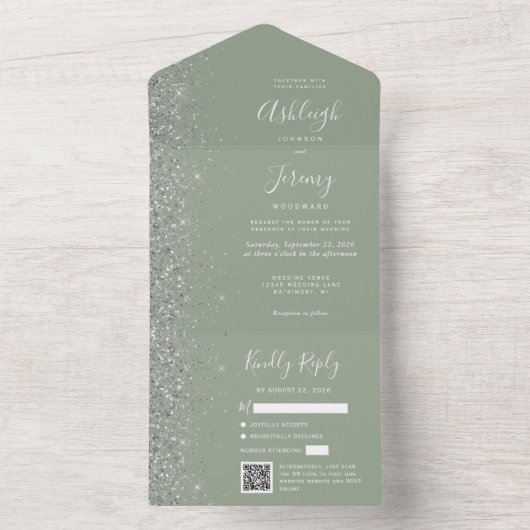 Sage Green Silver Glitter QR Code Wedding オールインワン招待状 (内側)