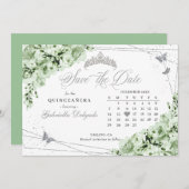 Sage Green & Silver Quinceanera日付を保存 招待状 (正面/裏面)