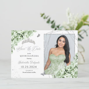 Sage Green Silver Quinceanera日付写真を保存 招待状