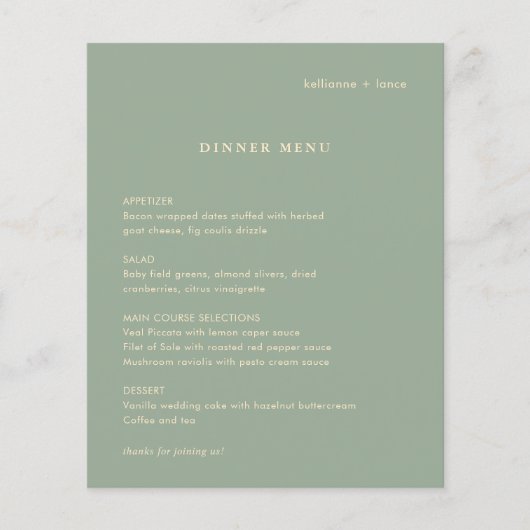 Sage Green Simple Modern Budget Wedding Menu チラシ (正面)