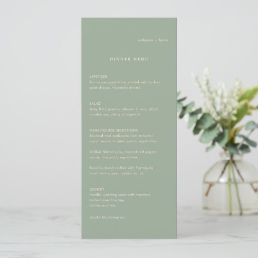 Sage Green Simple Modern Wedding メニュー (スタンド正面)