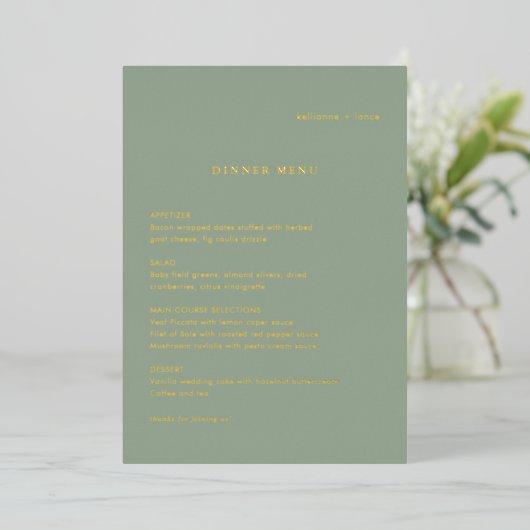 Sage Green Simple Modern Wedding Foil Menu 箔招待状 (立ち正面)
