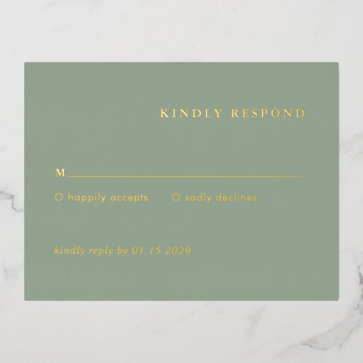 Sage Green Simple Modern Wedding Foil RSVP Card 箔招待状ポストカード (正面)