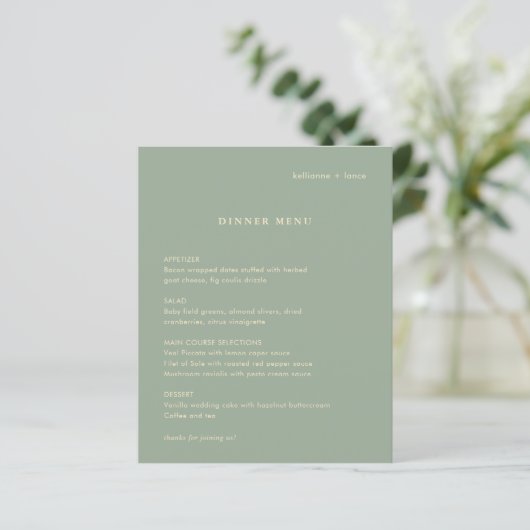 Sage Green Simple Modern Wedding Menu (スタンド正面)