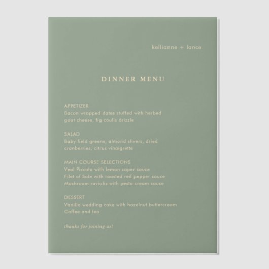 Sage Green Simple Modern Wedding Menu ベラム紙招待状 (正面)