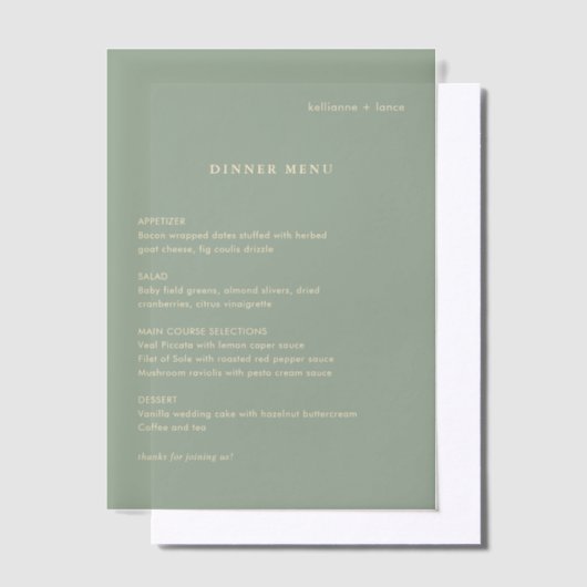 Sage Green Simple Modern Wedding Menu ベラム紙招待状 (オフセット)