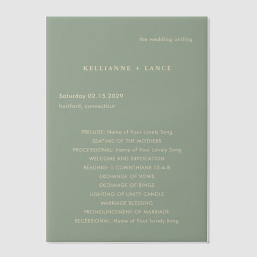Sage Green Simple Modern Wedding Program ベラム紙招待状 (正面)