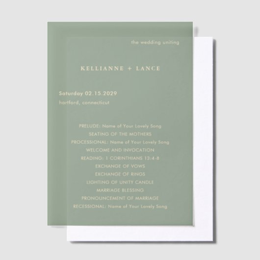 Sage Green Simple Modern Wedding Program ベラム紙招待状 (オフセット)