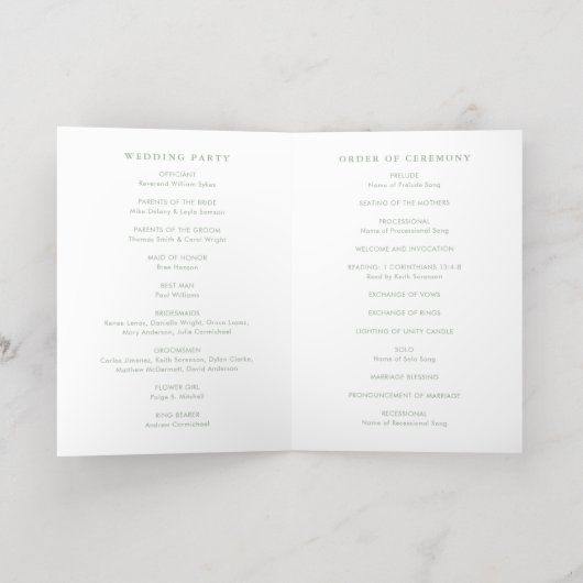 Sage Green Simple Modern Wedding Program 箔グリーティングカード (内側レイダウン)