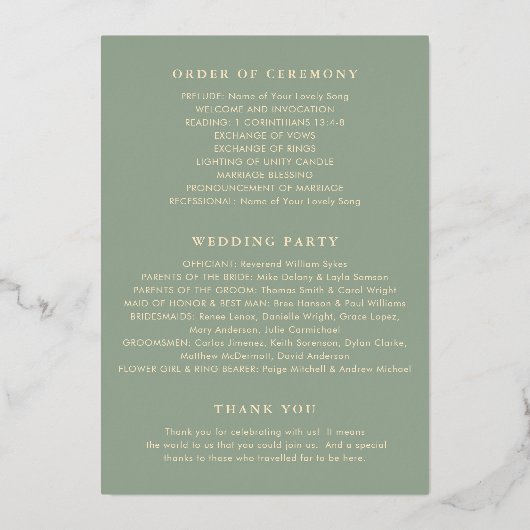 Sage Green Simple Modern Wedding Program 箔招待状 (裏面)