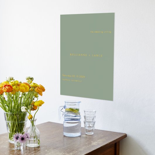 Sage Green Simple Modern Wedding Welcome Sign 箔ポスター (レイダウン (キッチン))