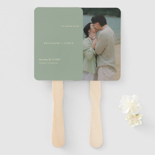 Sage Green Simple Photo Modern Wedding ハンドファン (正面&裏面)