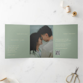 Sage Green Simple Photo QR Code Modern Wedding 三つ折り招待状