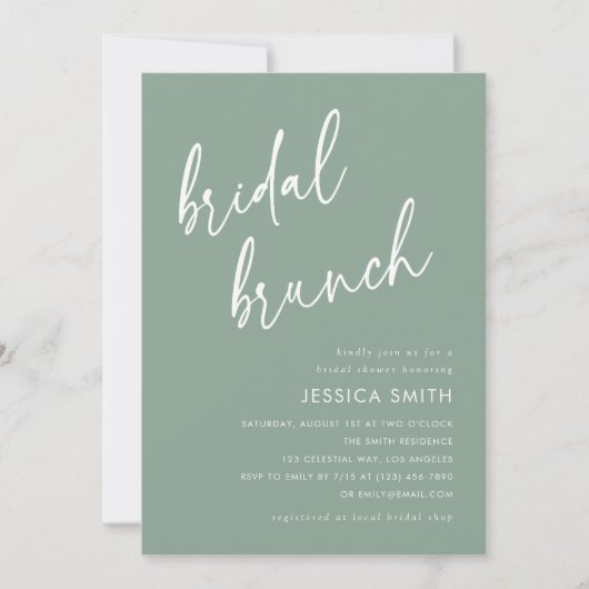 Sage Green Simple Script Bridal Brunch 招待状 (正面)