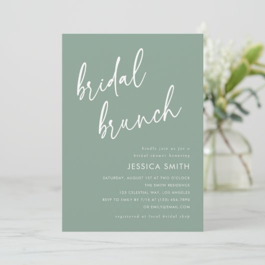 Sage Green Simple Script Bridal Brunch 招待状 (スタンド正面)