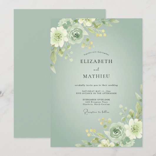 Sage Green Soft Botanical Wedding 招待状 (正面/裏面)