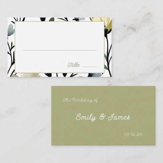 Sage Green & Soft Yellow Botanical Wedding プレイスカード (正面/裏面)