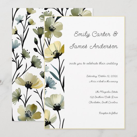 Sage Green & Soft Yellow Botanical Wedding 招待状 (正面/裏面)