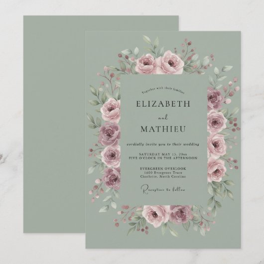 Sage Green Splendid Meadow Wedding 招待状 (正面/裏面)