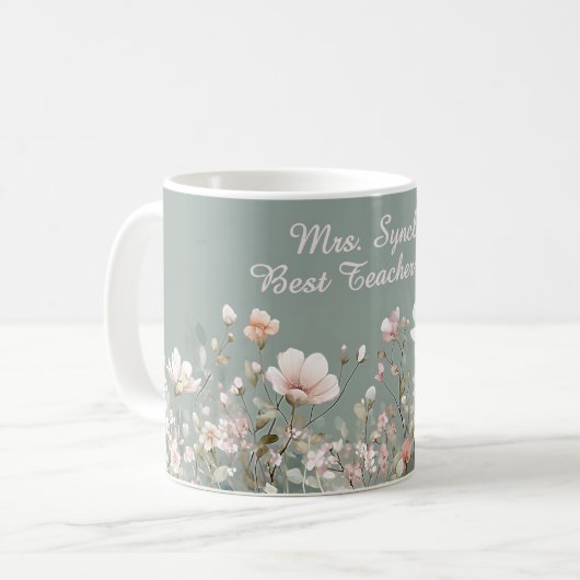 Sage Green Spring Floral Teacher Elegant Script コーヒーマグカップ (正面左)