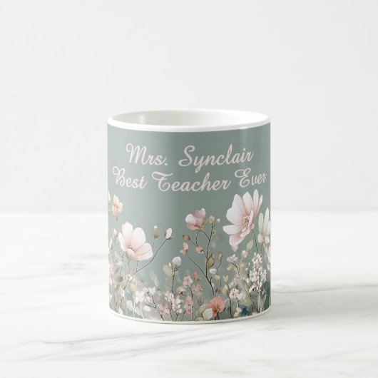 Sage Green Spring Floral Teacher Elegant Script コーヒーマグカップ (中央)